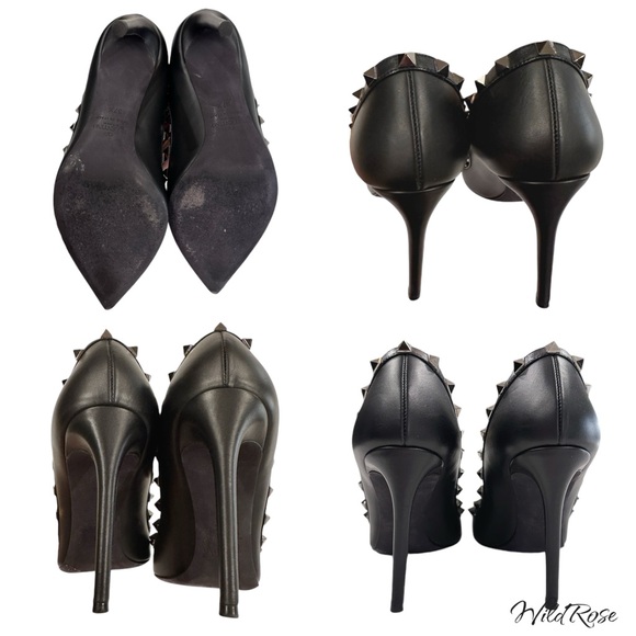 VALENTINO GARAVANI Black Noir Leather Pointy Toe Rockstud Heels SZ 37.5 - Picture 16 of 17